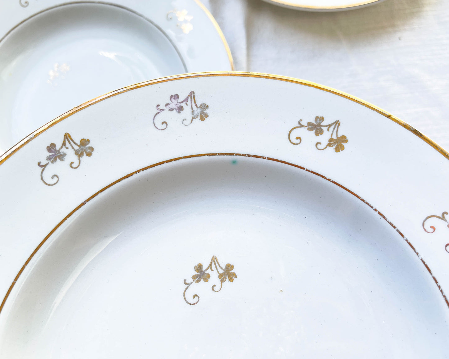 Assiettes creuses L’Amandinoise en porcelaine blanche motif petites fleurs dorées