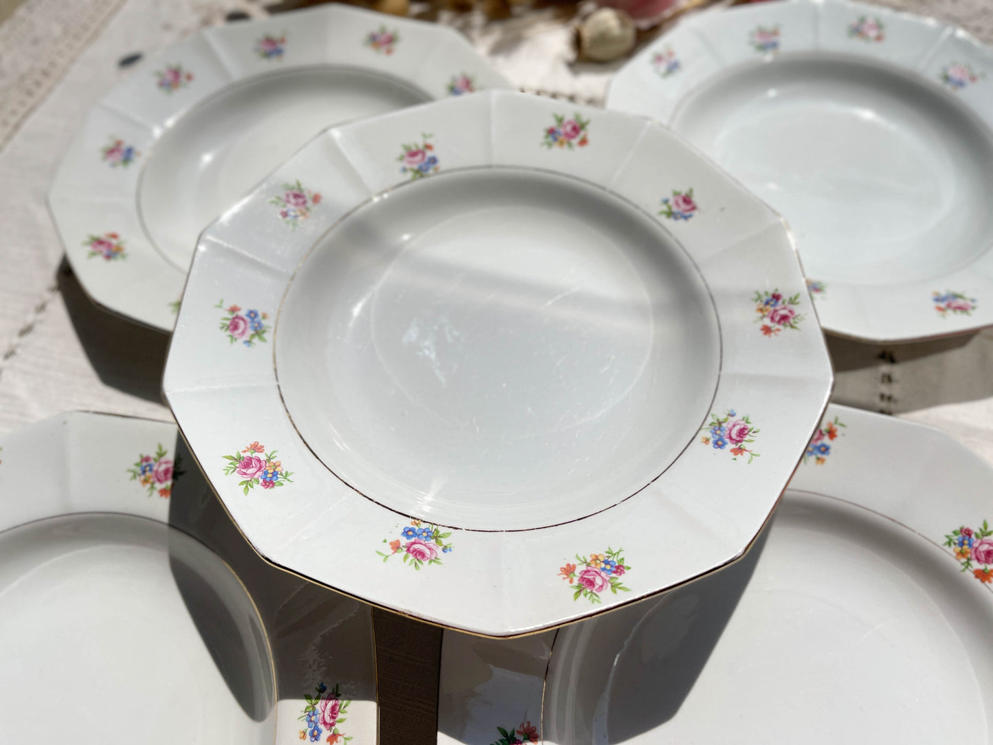 5 Vintage hollow plates in opaque porcelain SALINS floral pattern