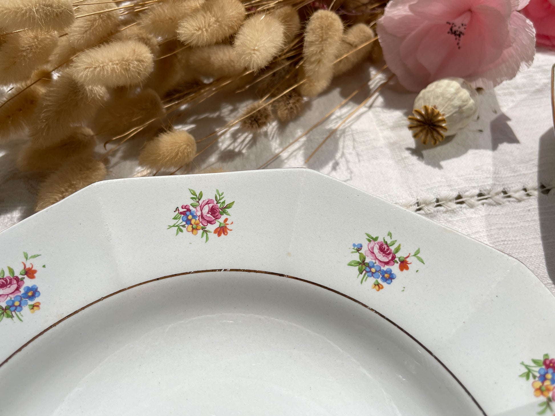 Assiettes creuses vintage en porcelaine opaque SALINS motif fleuri