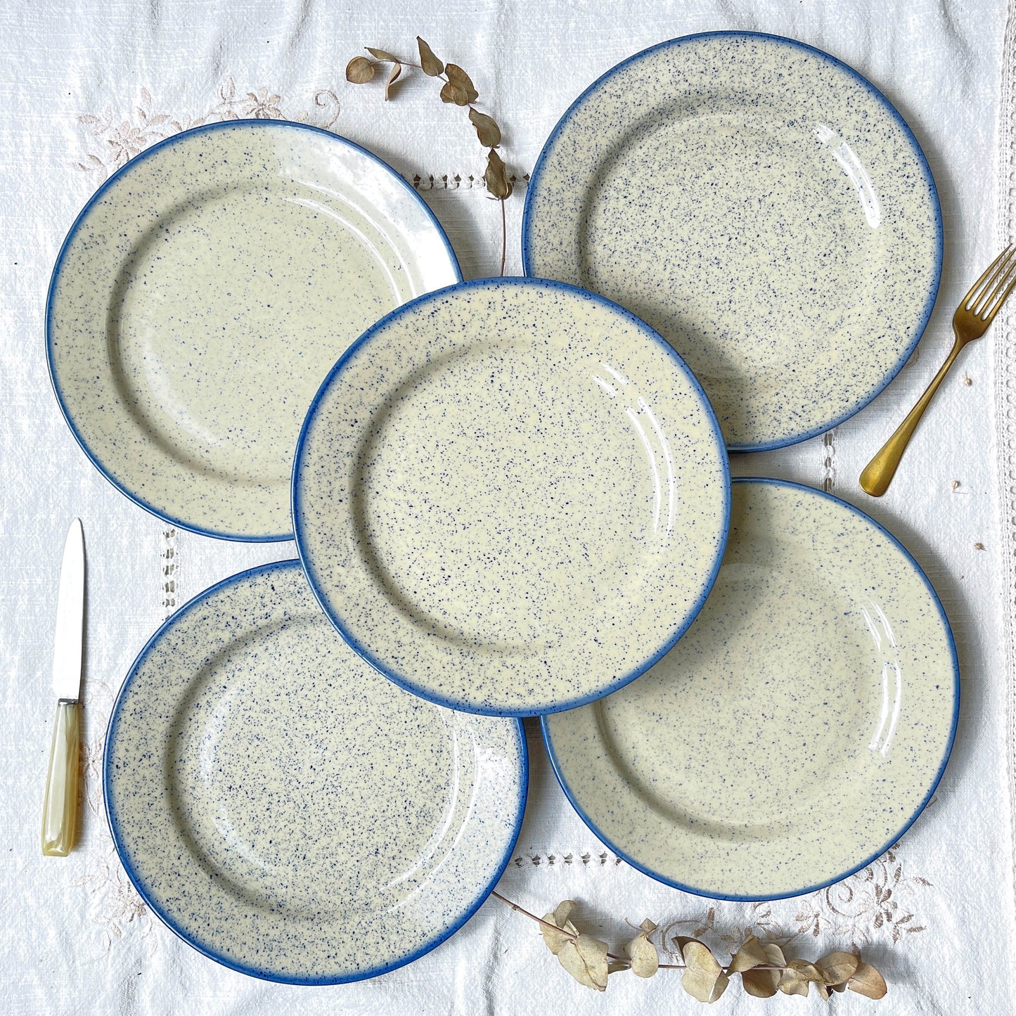Assiettes plates en grès moucheté bleues Tulowice Poland 1970