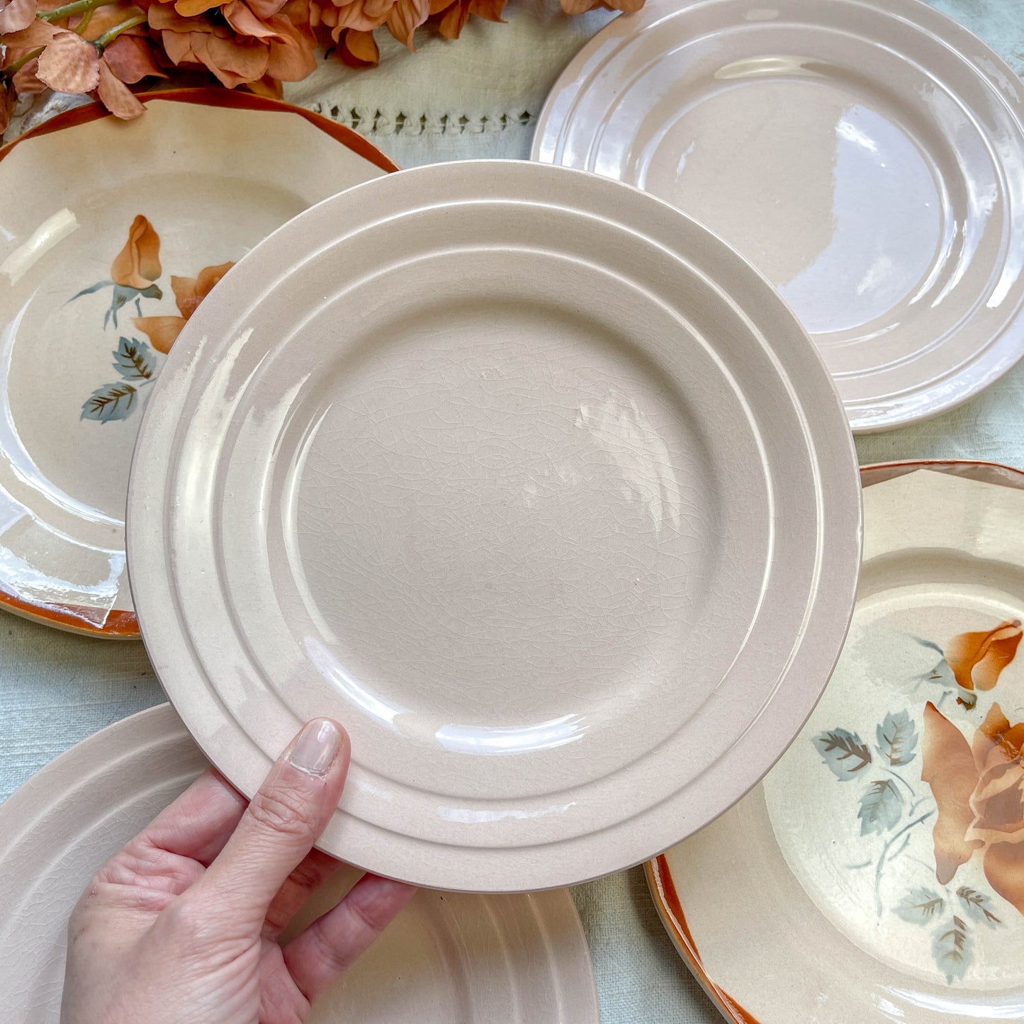 Lot de 5 petites assiettes vintage dépareillées en faïence française des années 1950, motifs fleuris rosés St Amand et Digoin Sarreguemines – vaisselle ancienne pour entrées ou desserts