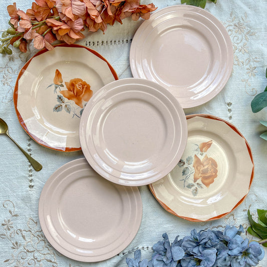 Lot de 5 petites assiettes vintage dépareillées en faïence française des années 1950, motifs fleuris rosés St Amand et Digoin Sarreguemines – vaisselle ancienne pour entrées ou desserts