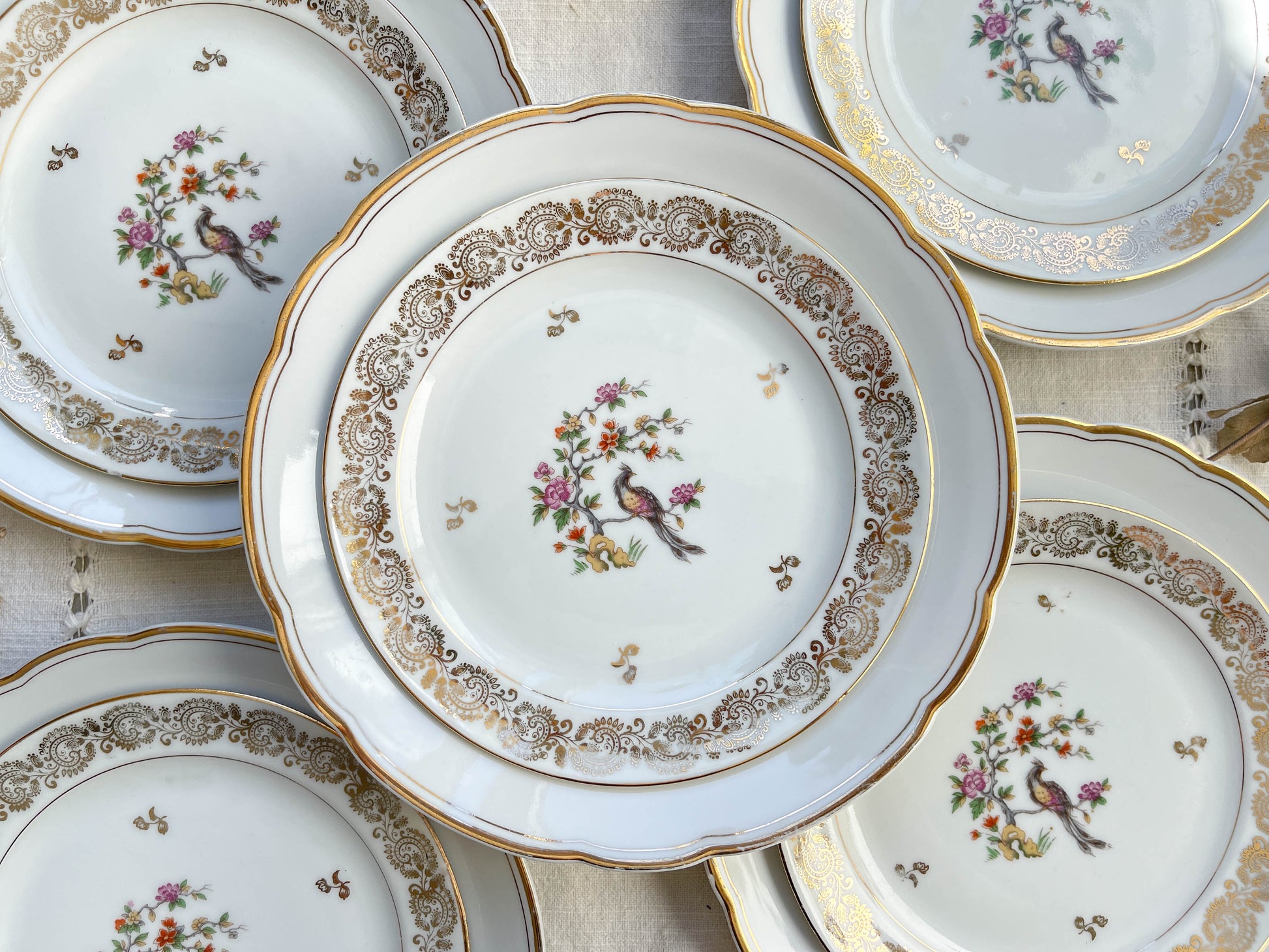 5 Assiettes vintage Porcelaine blanches dorées + 5 Petites Assiettes dépareillées oiseau