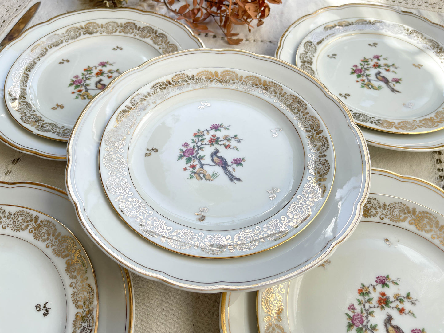 5 Assiettes vintage Porcelaine blanches dorées + 5 Petites Assiettes dépareillées oiseau