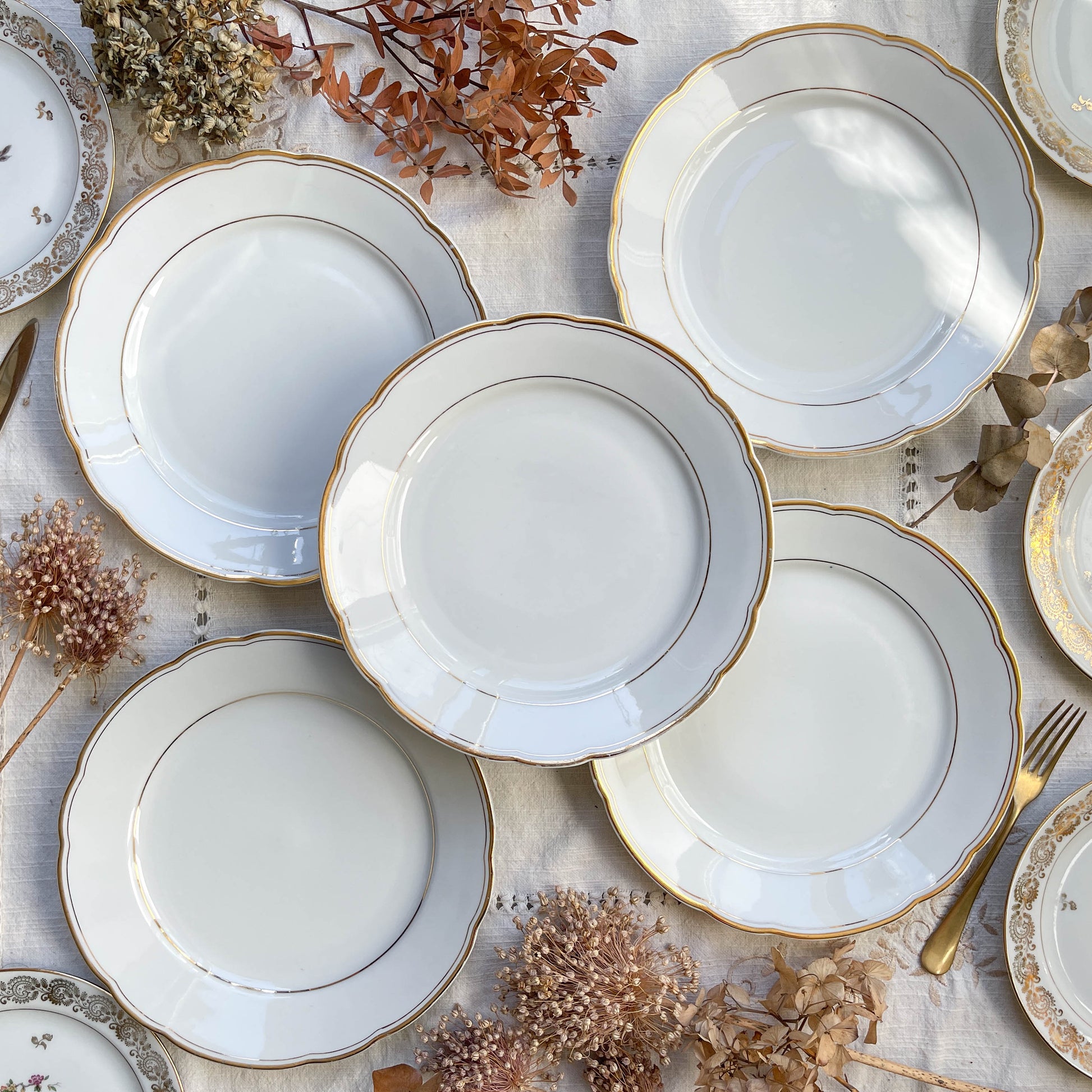 5 Assiettes vintage Porcelaine blanches dorées + 5 Petites Assiettes dépareillées oiseau