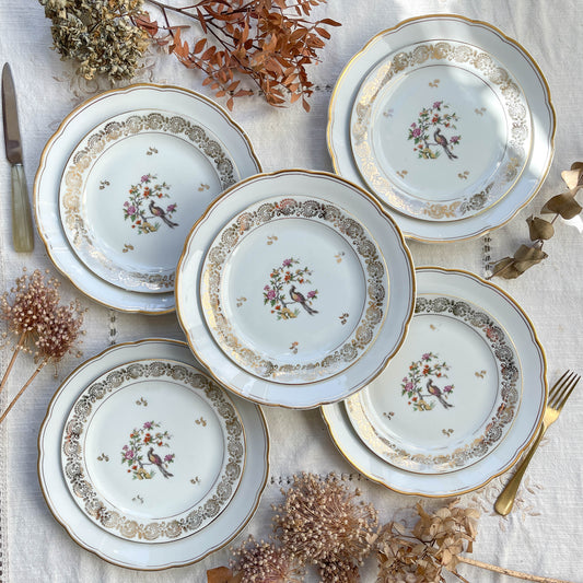 5 Assiettes vintage Porcelaine blanches dorées + 5 Petites Assiettes dépareillées oiseau