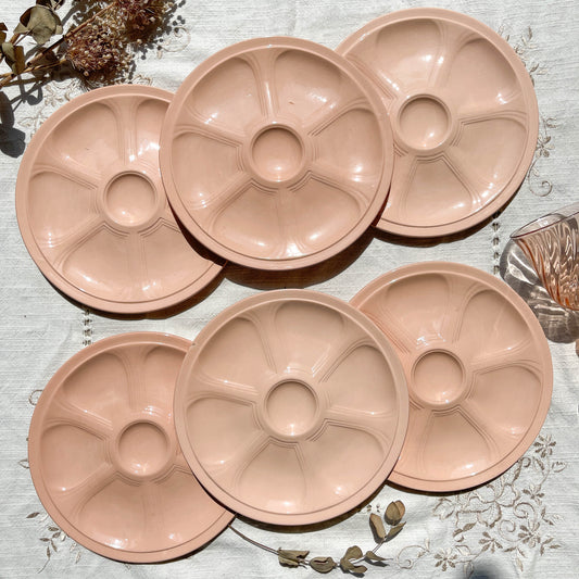 6 Assiettes à huîtres en porcelaine rose Digoin Sarreguemines