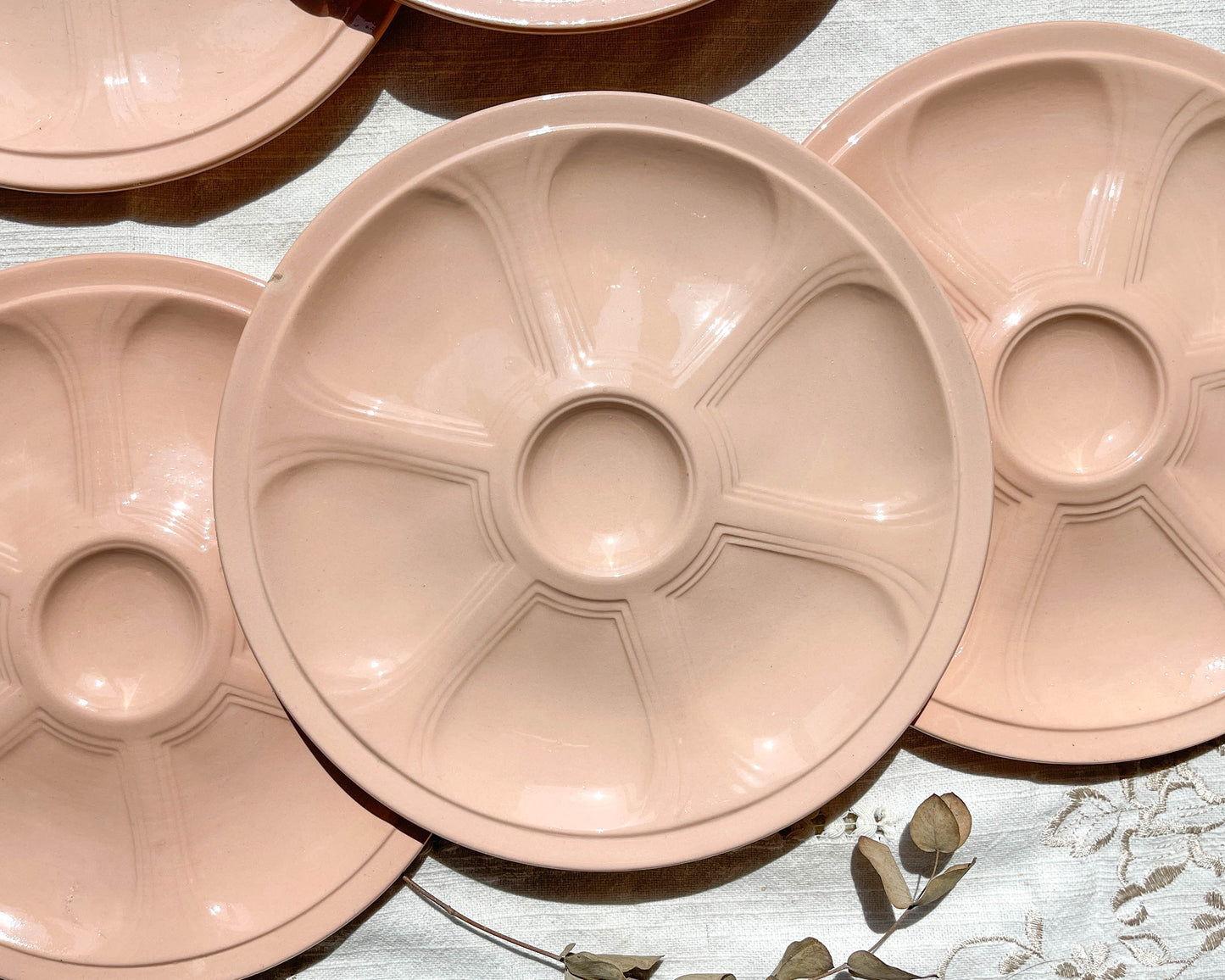 6 Assiettes à huîtres en porcelaine rose Digoin Sarreguemines