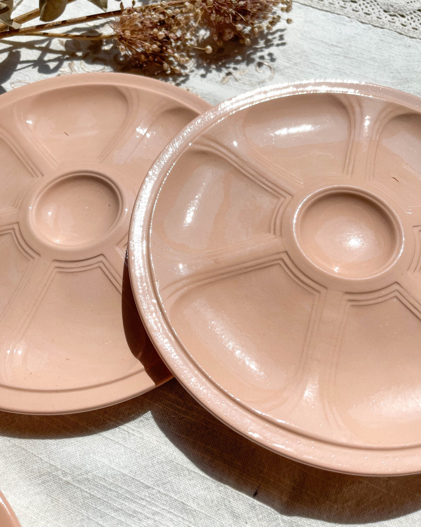 6 Assiettes à huîtres en porcelaine rose Digoin Sarreguemines