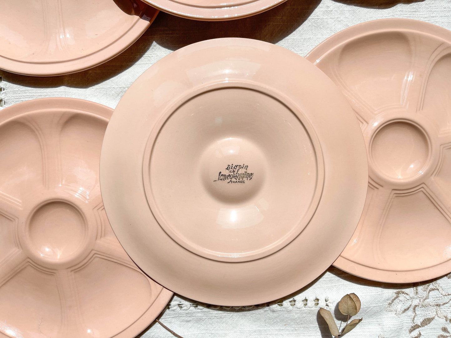 6 Assiettes à huîtres en porcelaine rose Digoin Sarreguemines