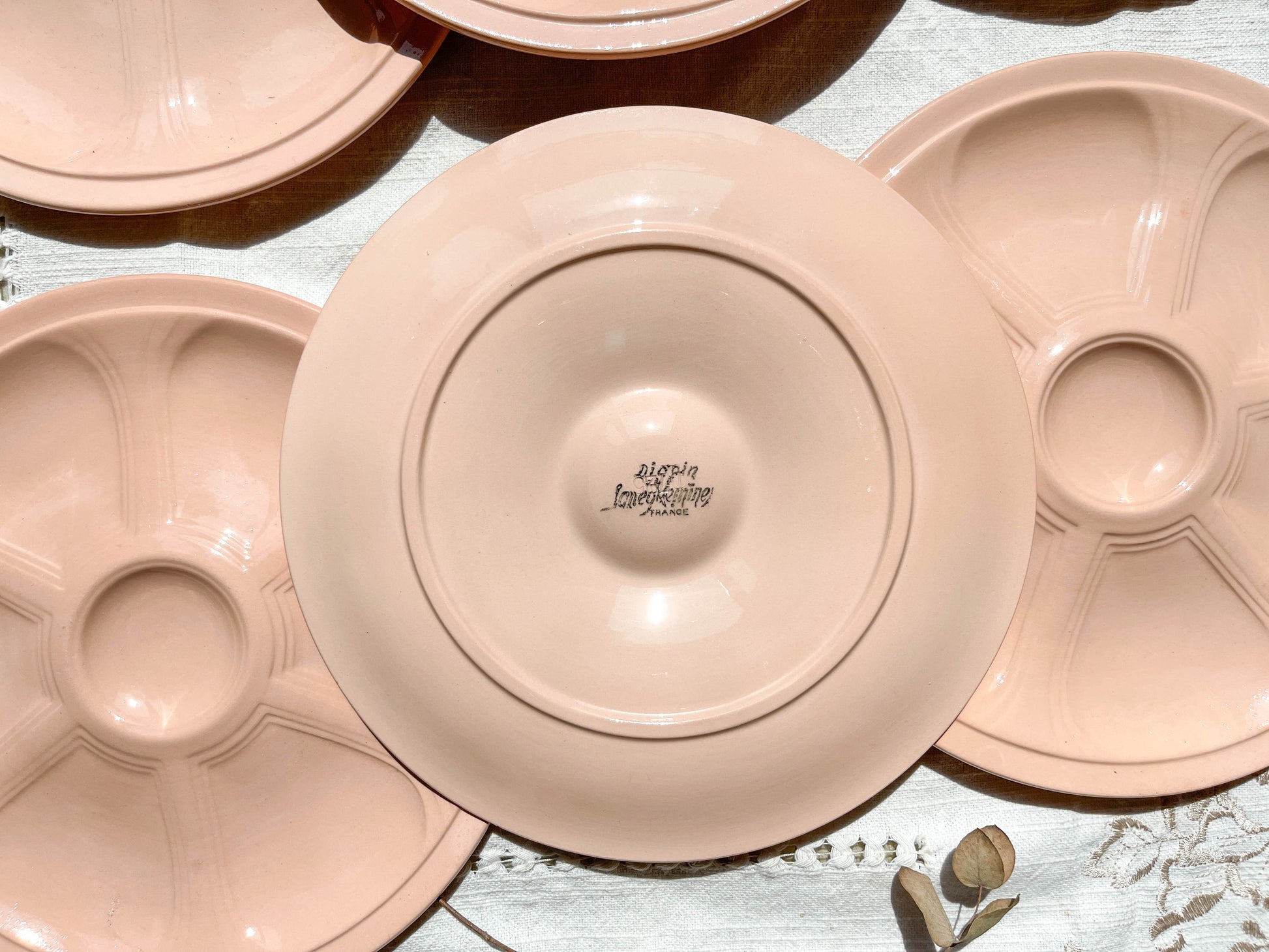 6 Assiettes à huîtres en porcelaine rose Digoin Sarreguemines