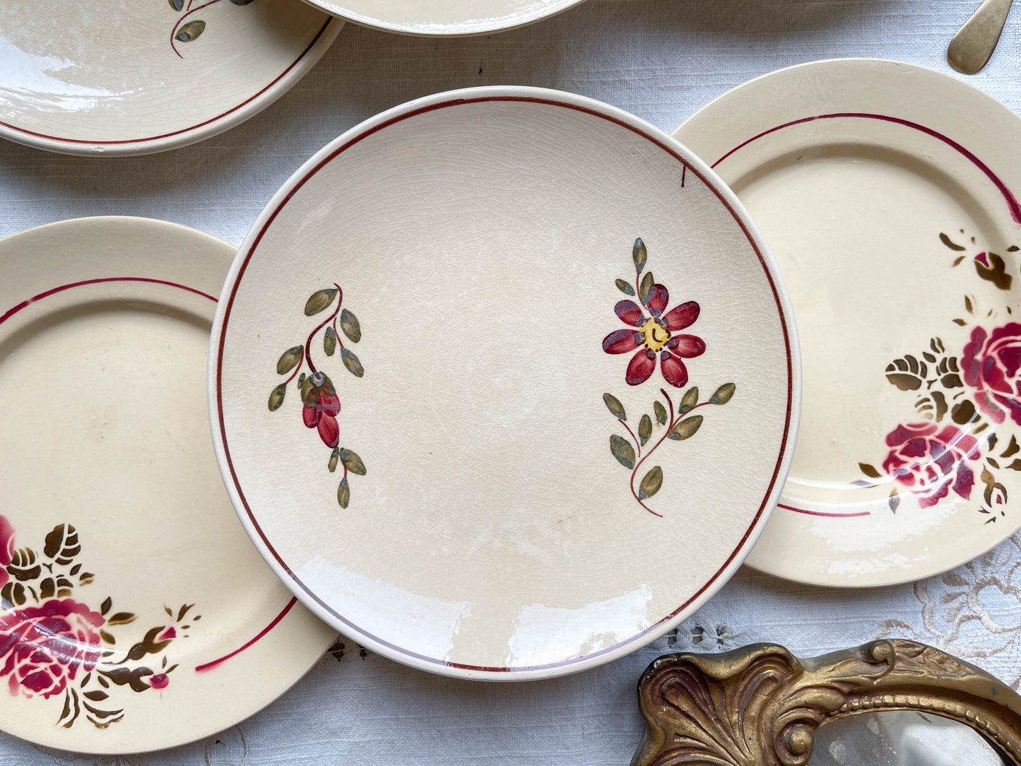 6 Petites assiettes vintage dépareillées motif fleuri - BADONVILLIER - STEULER - 1923