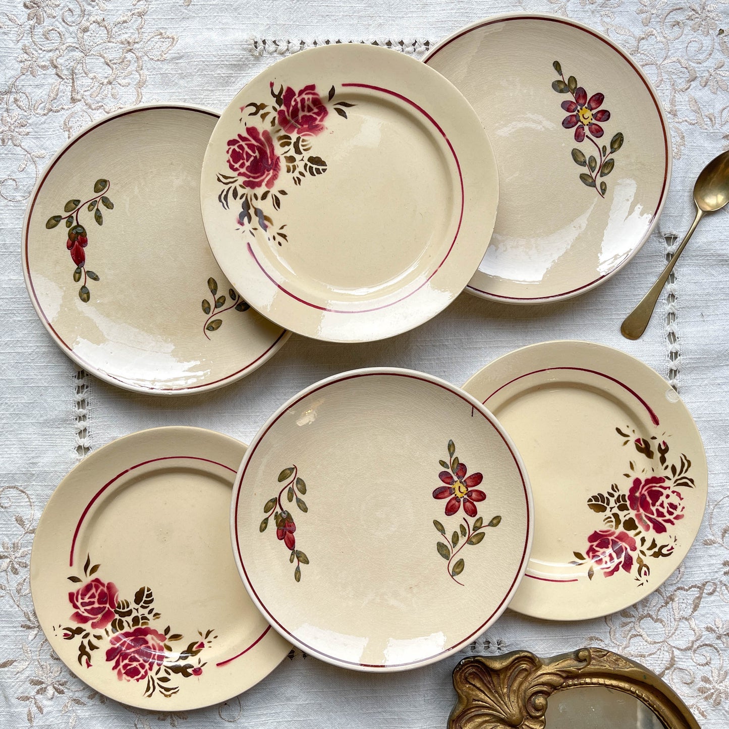 6 Petites assiettes vintage dépareillées motif fleuri - BADONVILLIER - STEULER - 1923