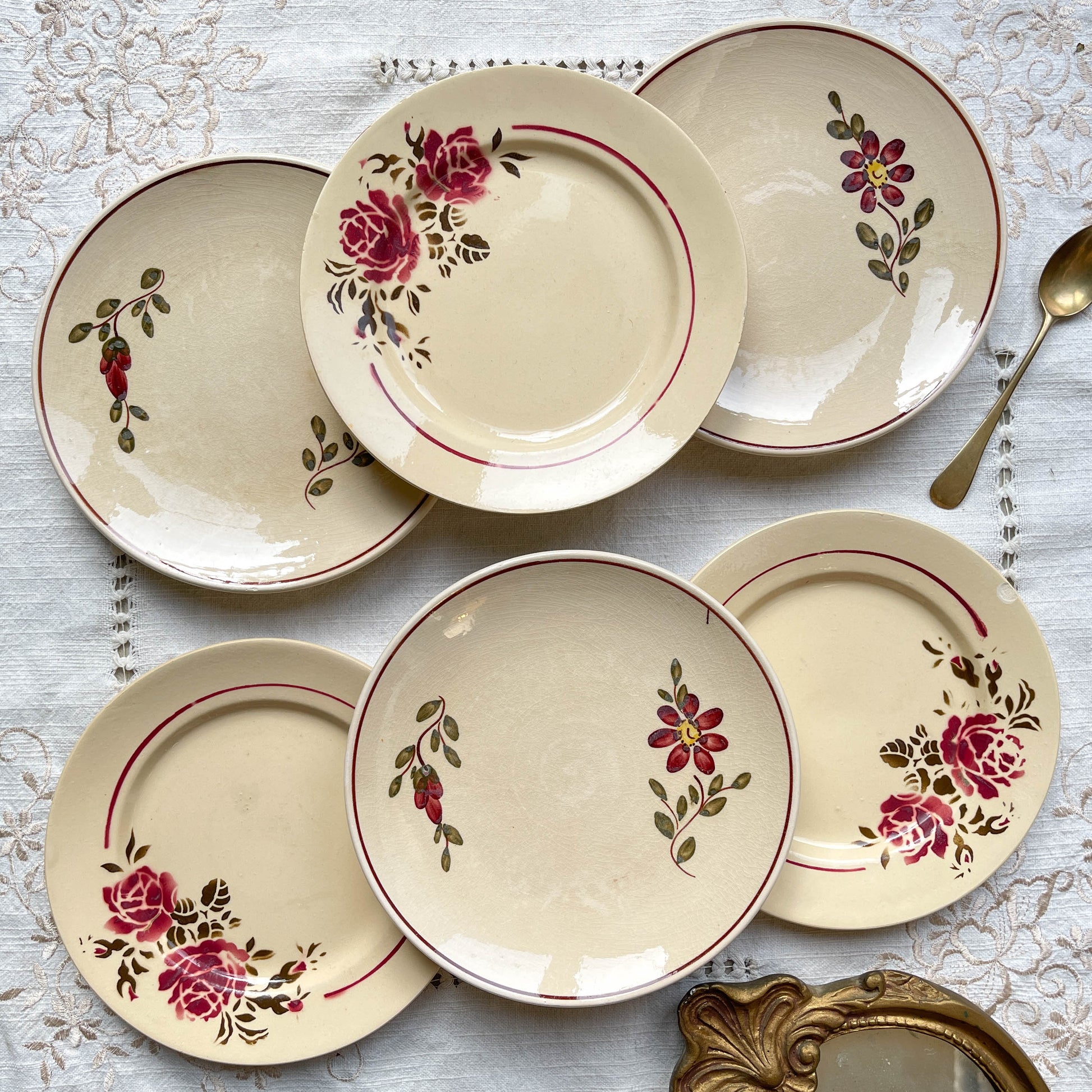 6 Petites assiettes vintage dépareillées motif fleuri - BADONVILLIER - STEULER - 1923