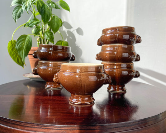 6 Bols à Soupe à l'Oignon Tête de Lion en Céramique Vintage Emile Henry - Marron, Made in France - violn.fr