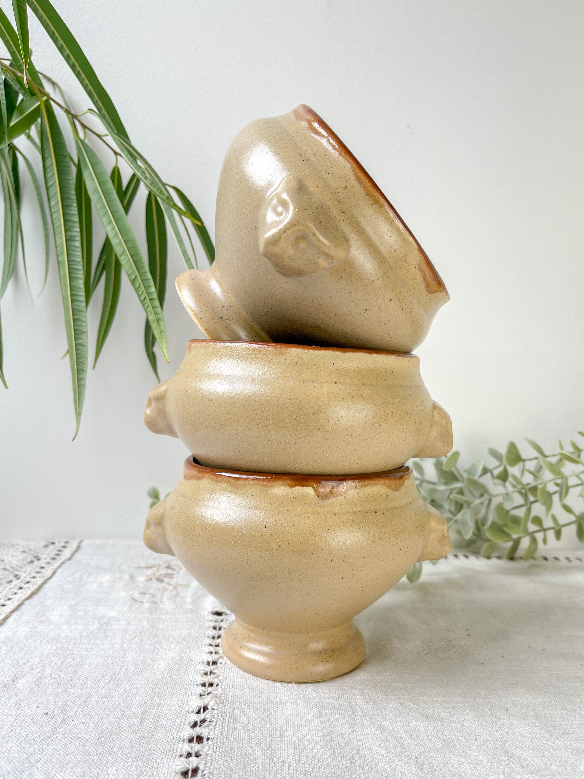 6 Bols à Soupe à l'Oignon Tête de Lion en Céramique Vintage Emile Henry - Beige, Made in France