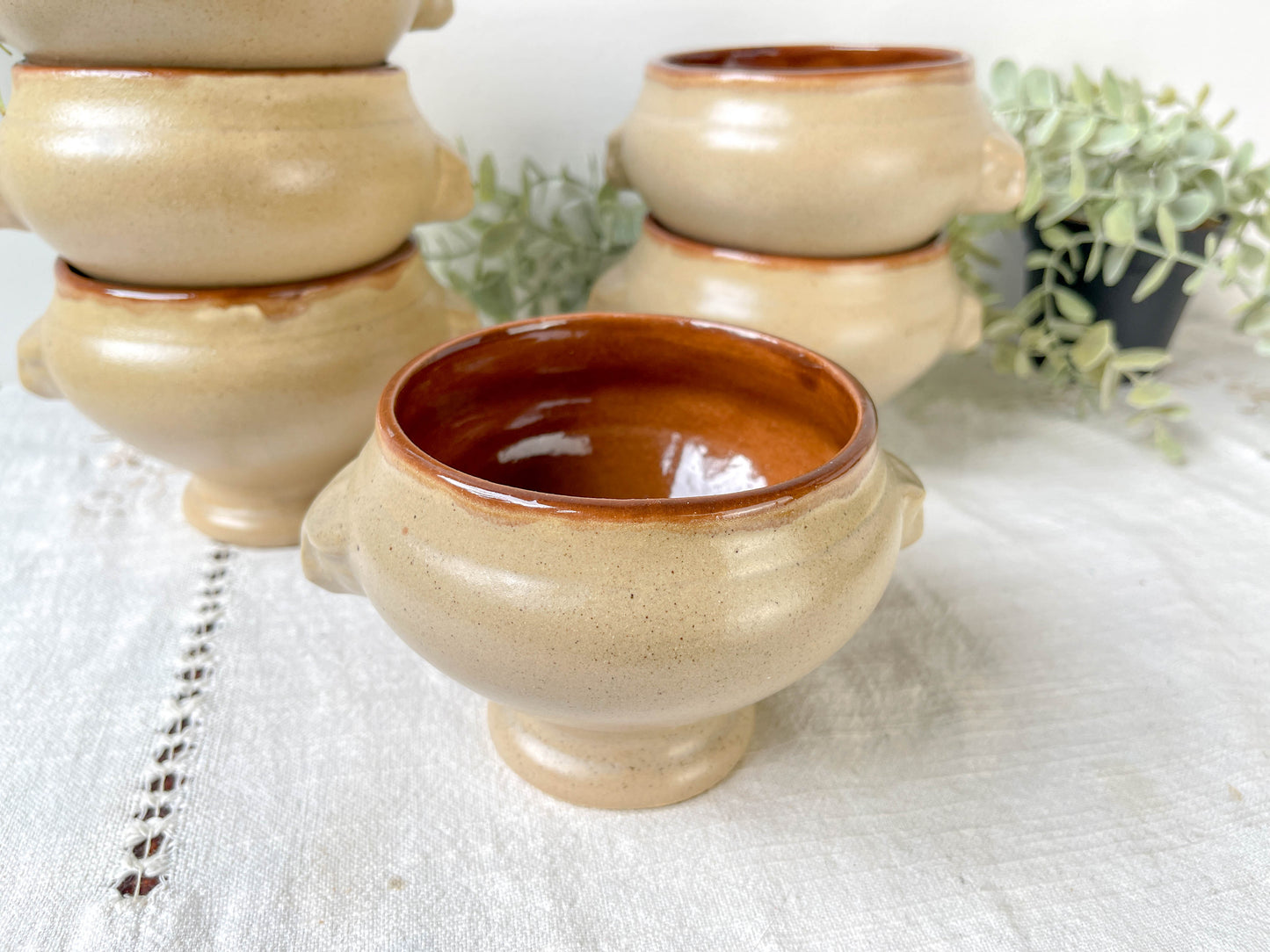 6 Lion Head Onion Soup Bowls in Vintage Ceramic by Emile Henry - Beige, Made in France