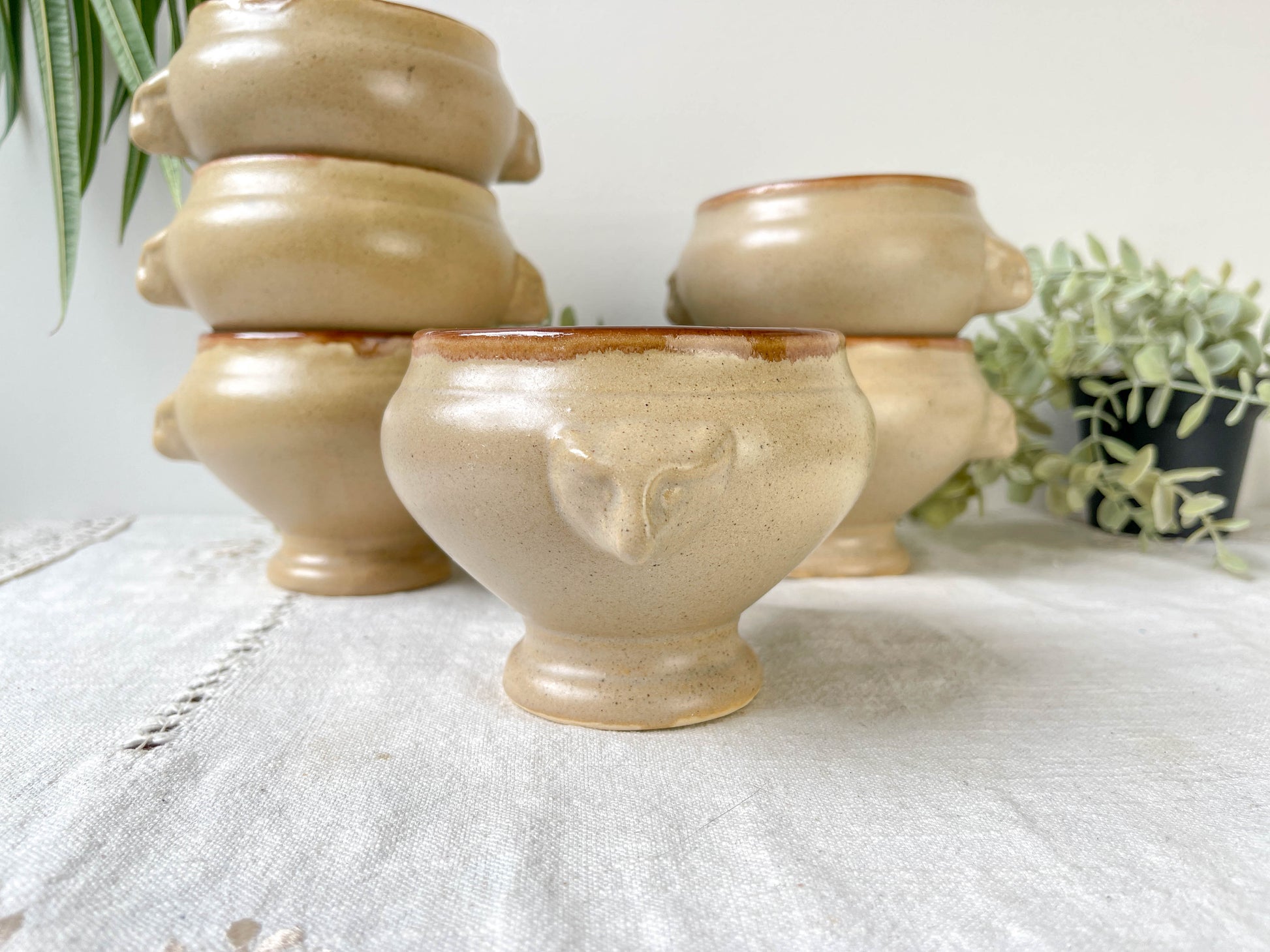 6 Bols à Soupe à l'Oignon Tête de Lion en Céramique Vintage Emile Henry - Beige, Made in France