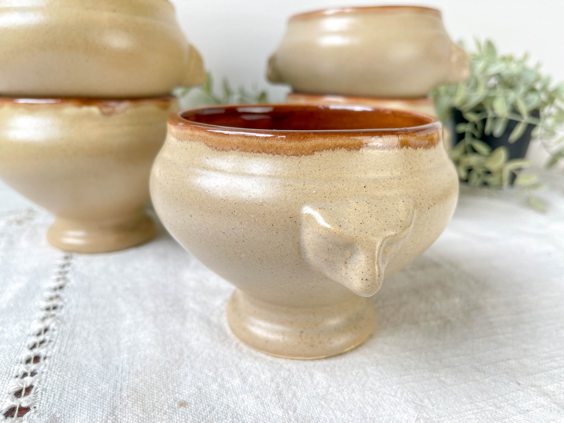 6 Bols à Soupe à l'Oignon Tête de Lion en Céramique Vintage Emile Henry - Beige, Made in France