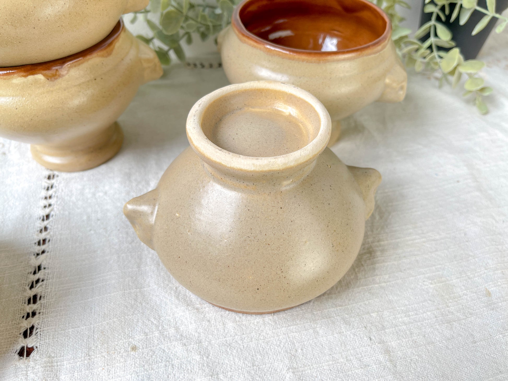 6 Bols à Soupe à l'Oignon Tête de Lion en Céramique Vintage Emile Henry - Beige, Made in France