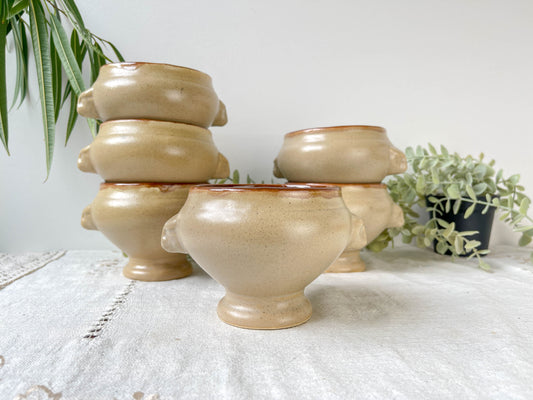 6 Bols à Soupe à l'Oignon Tête de Lion en Céramique Vintage Emile Henry - Beige, Made in France