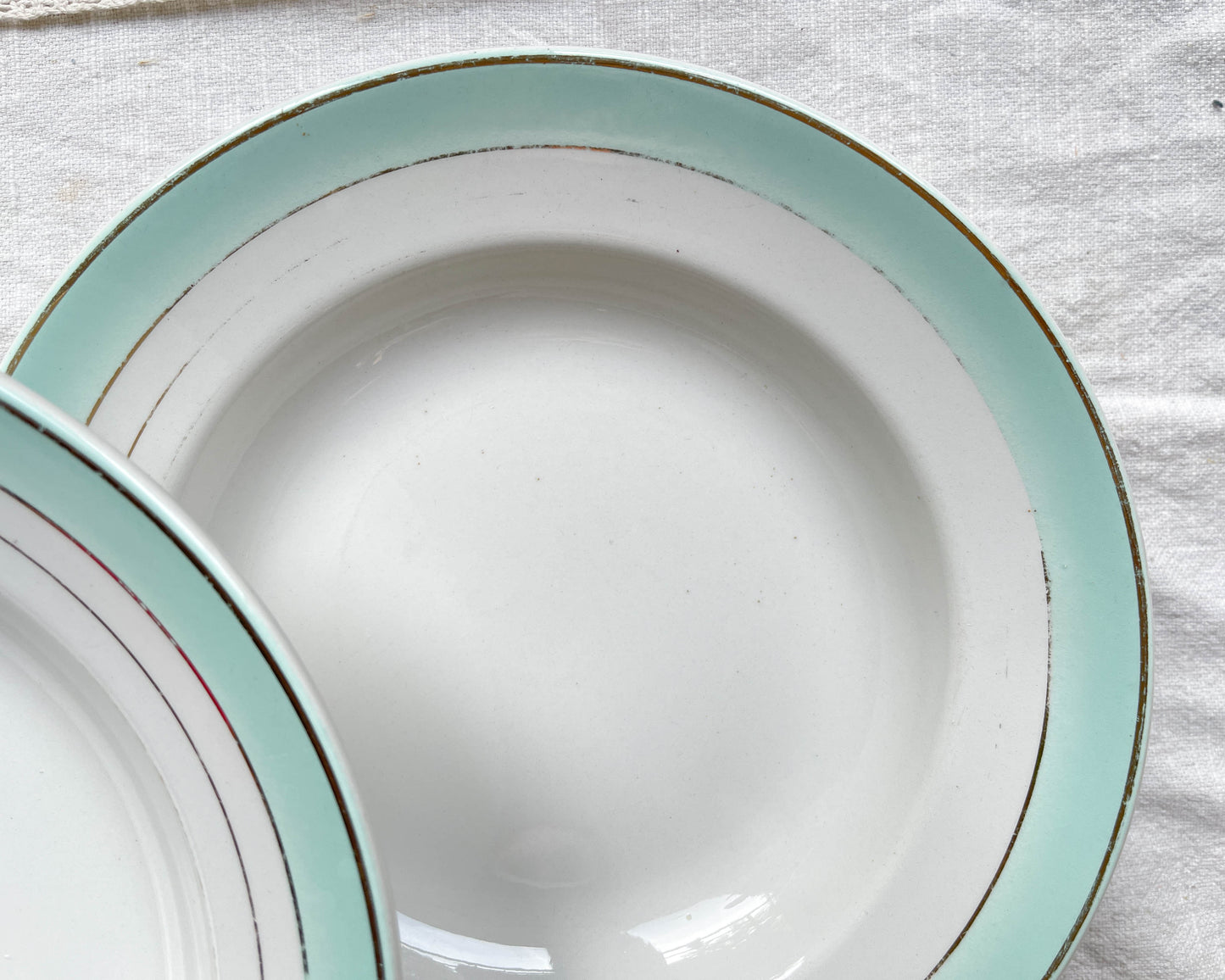 6 Assiettes creuses vintage faïence LUNEVILLE blanches vertes doré