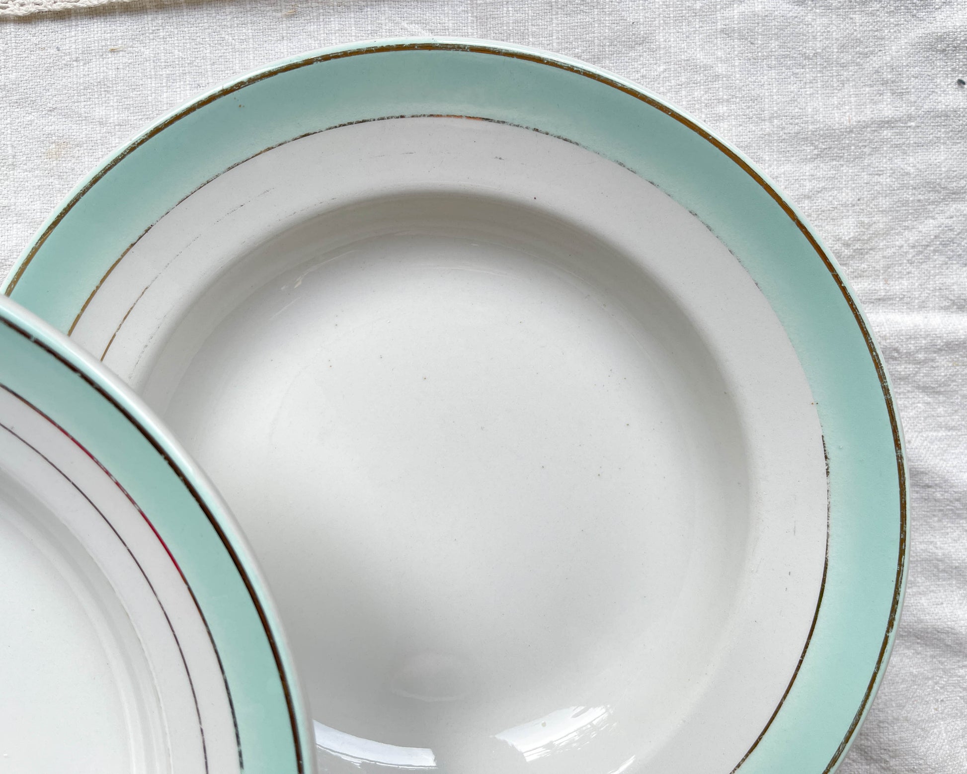 6 Assiettes creuses vintage faïence LUNEVILLE blanches vertes doré