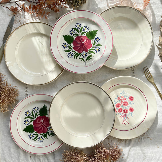 6 Assiettes vintage dépareillées motif fleuri Sareguemines Badonvillier Moulin des Loups