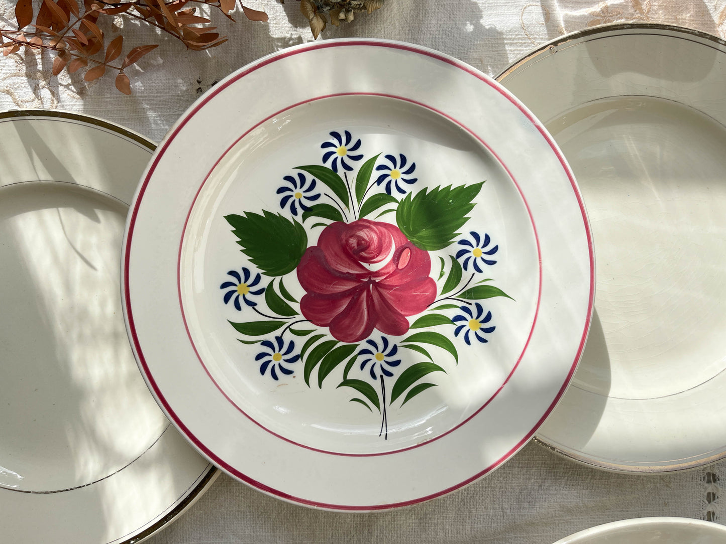 6 Assiettes vintage dépareillées motif fleuri Sareguemines Badonvillier Moulin des Loups