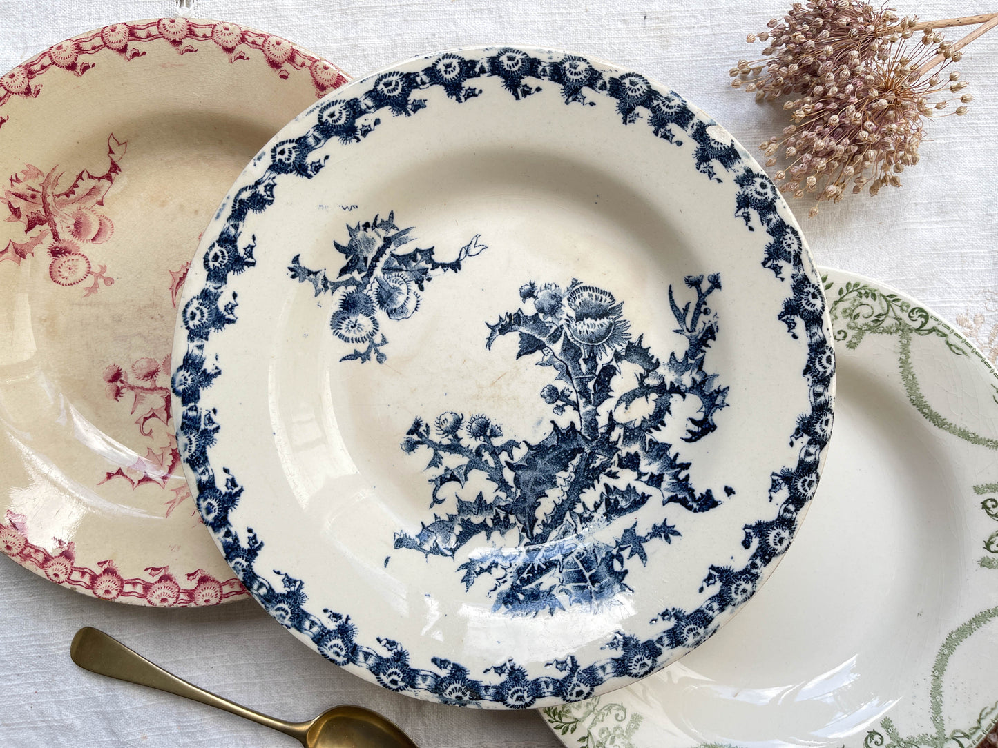 10 Assiettes creuses vintage dépareillées Terre de fer Bleue Verte Rouge
