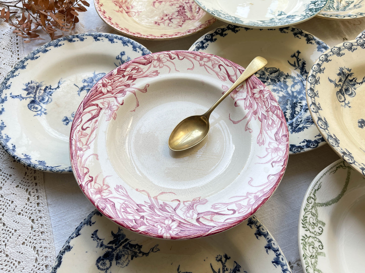 10 Assiettes creuses vintage dépareillées Terre de fer Bleue Verte Rouge
