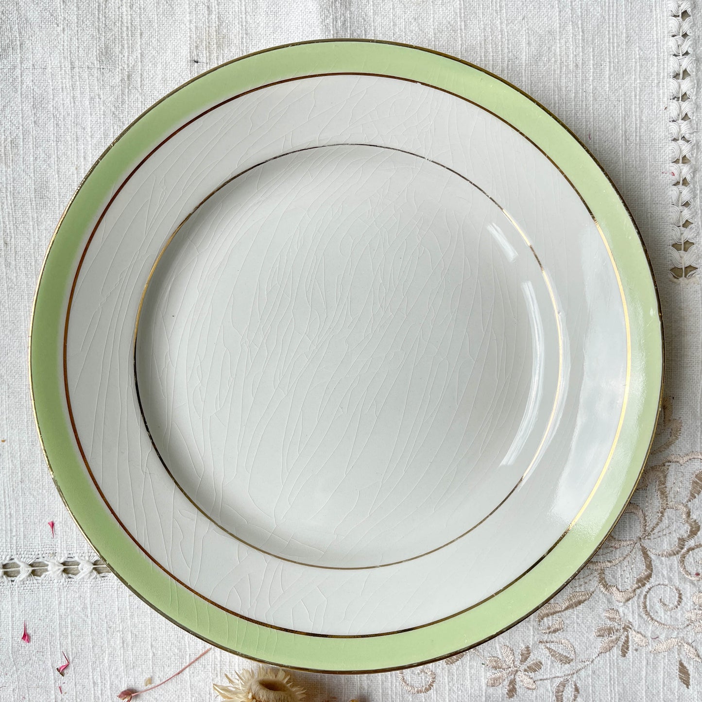 6 Assiettes plates vintage Française Orchies "VILLARS" 1950 blanche verte dorée