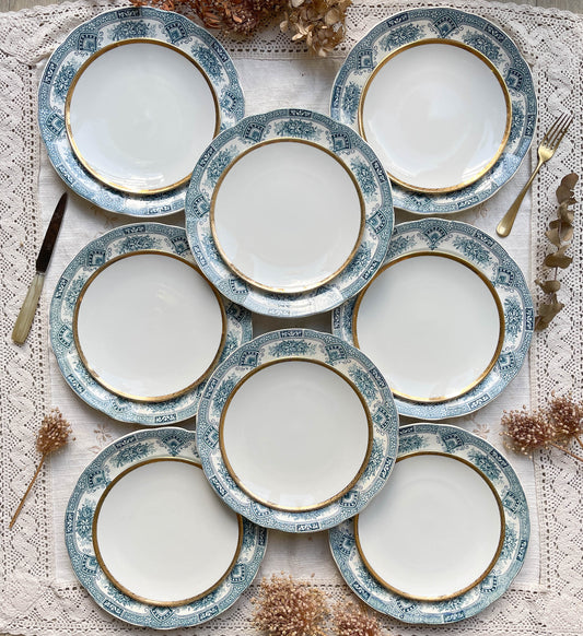 8 Assiettes vintage Terre de Fer Bleues + 8 Petites Assiettes porcelaine blanches dorée dépareillées