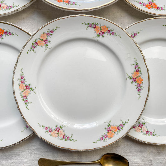 9 Petites assiettes vintage Moulin des Loups motif fleuries orange