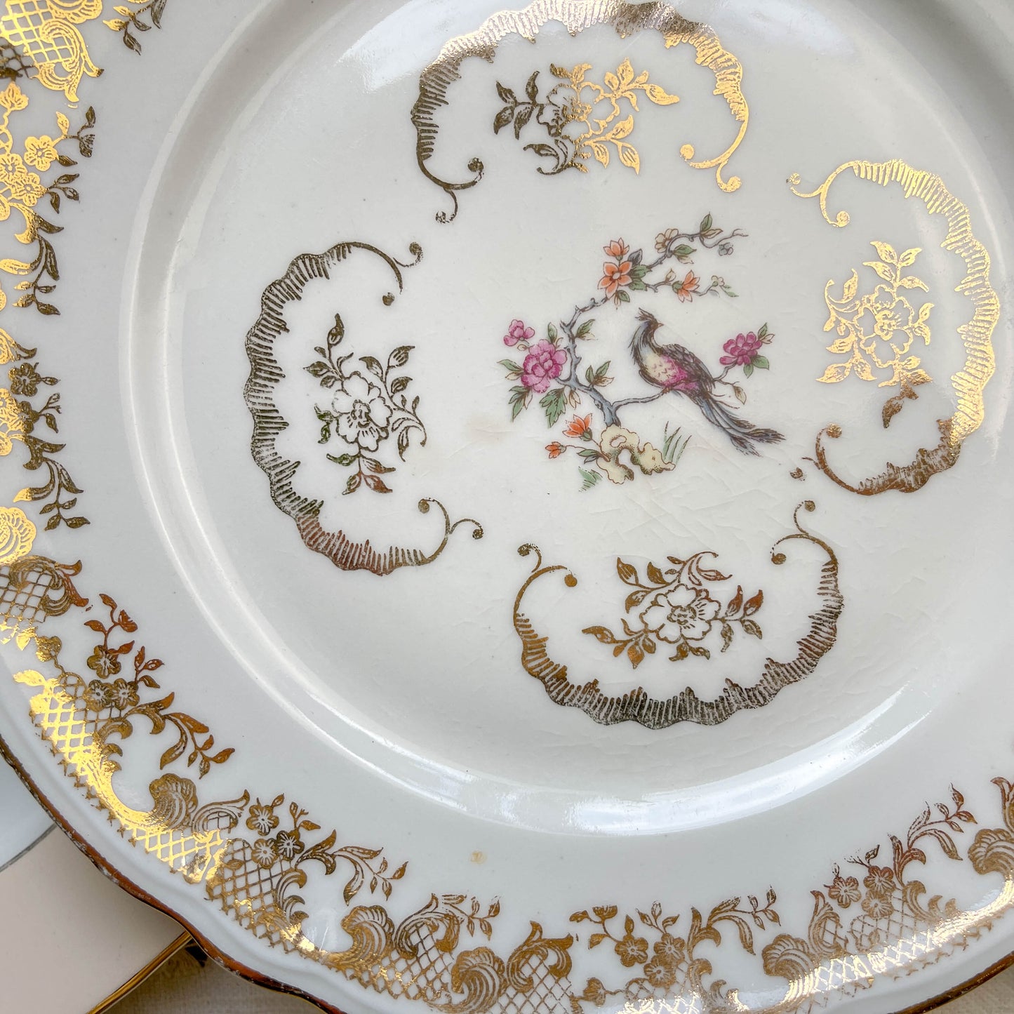 Lot de 8 petites assiettes dépareillées en porcelaine française des années 1950, 4 Limoges à motif oiseaux dorés et 4 Moulin des Loups à bordure crème, décor floral doré, style vintage