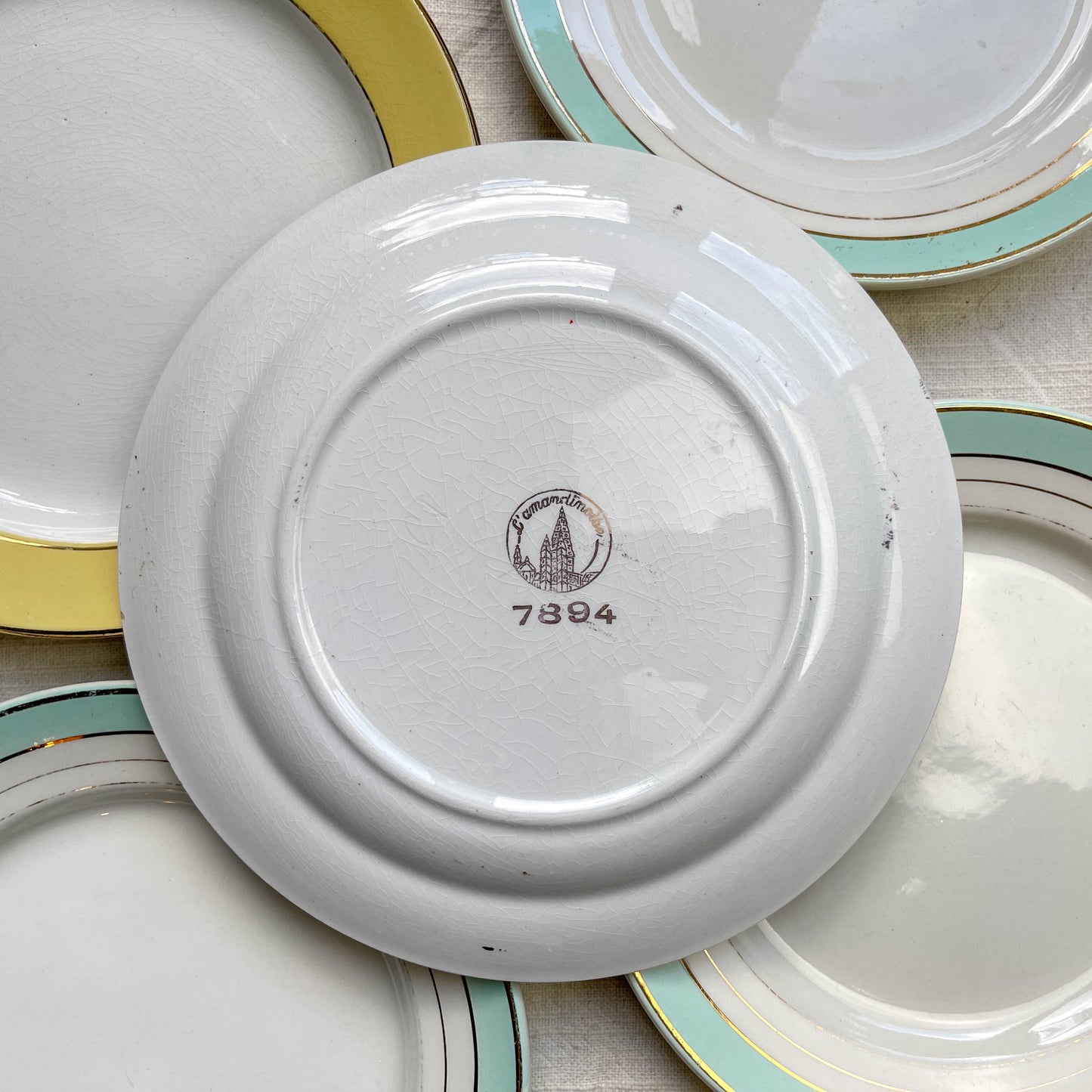 5 Petites assiettes vintage dépareillées jaune et vertes - L Amandinoise et Lunéville - Années 1950