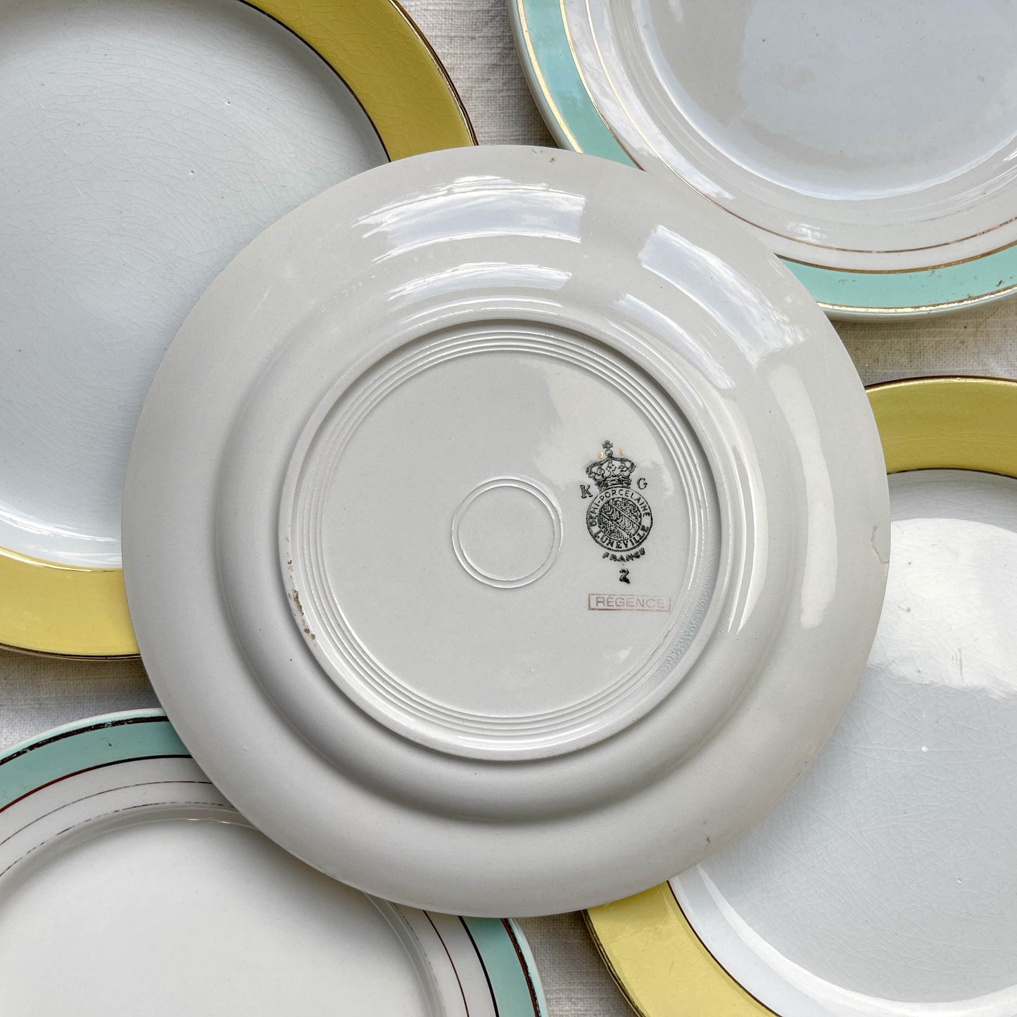 5 Petites assiettes vintage dépareillées jaune et vertes - L Amandinoise et Lunéville - Années 1950