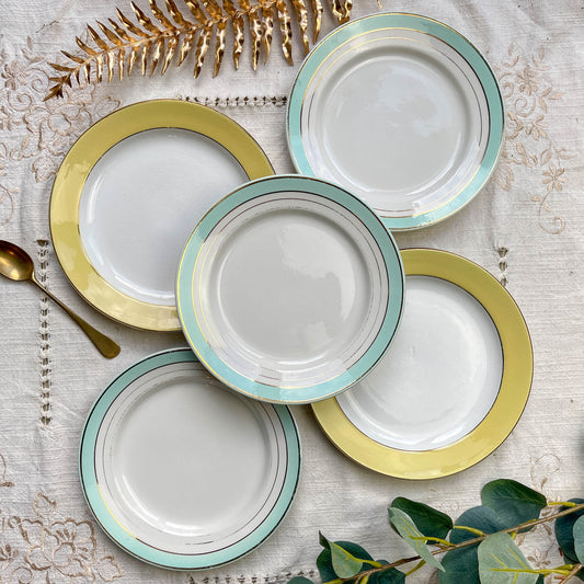 5 Petites assiettes vintage dépareillées jaune et vertes - L Amandinoise et Lunéville - Années 1950
