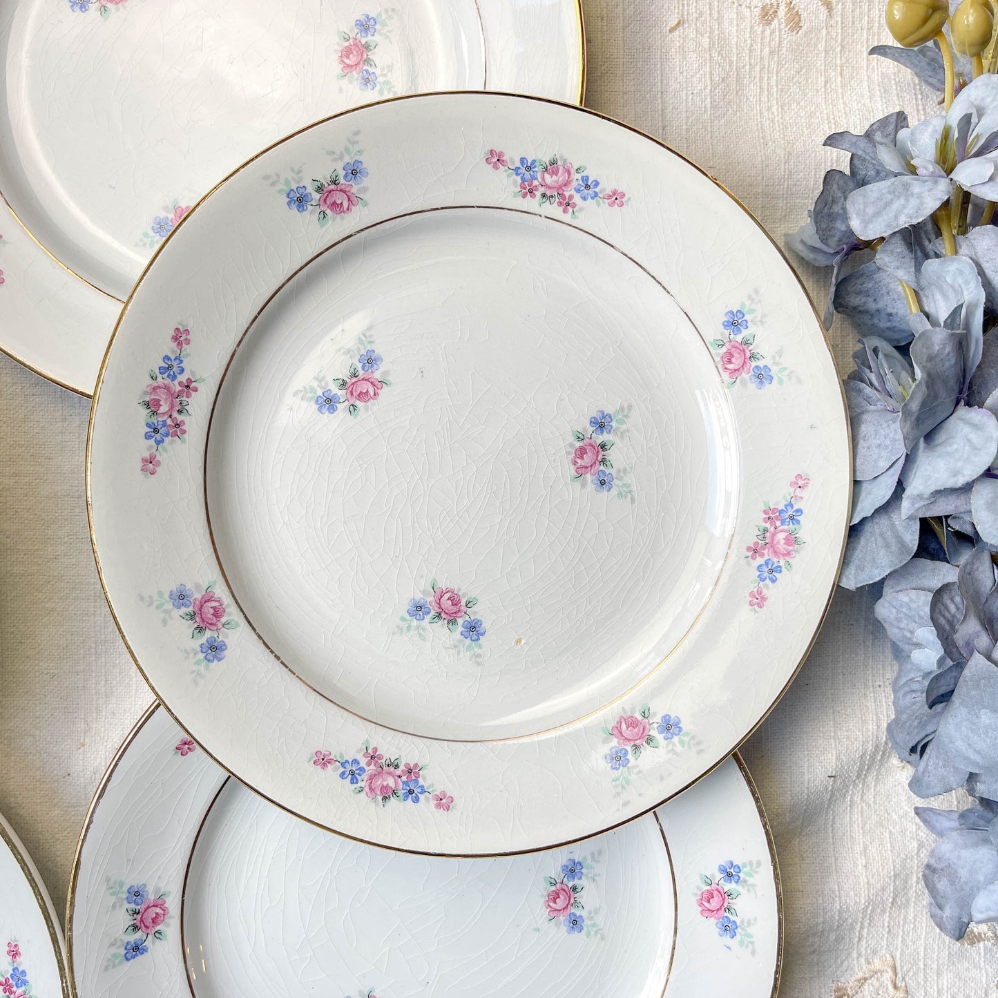 Lot de 6 petites assiettes en porcelaine vintage de Salins, décor floral bleu et rose, dorure.