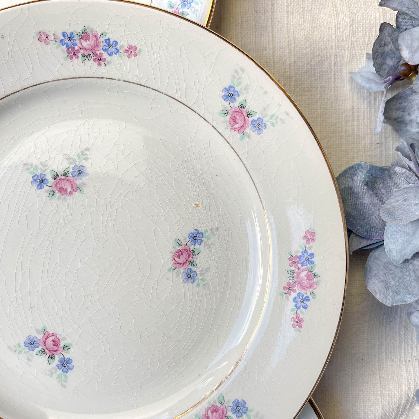 Lot de 6 petites assiettes en porcelaine vintage de Salins, décor floral bleu et rose, dorure.