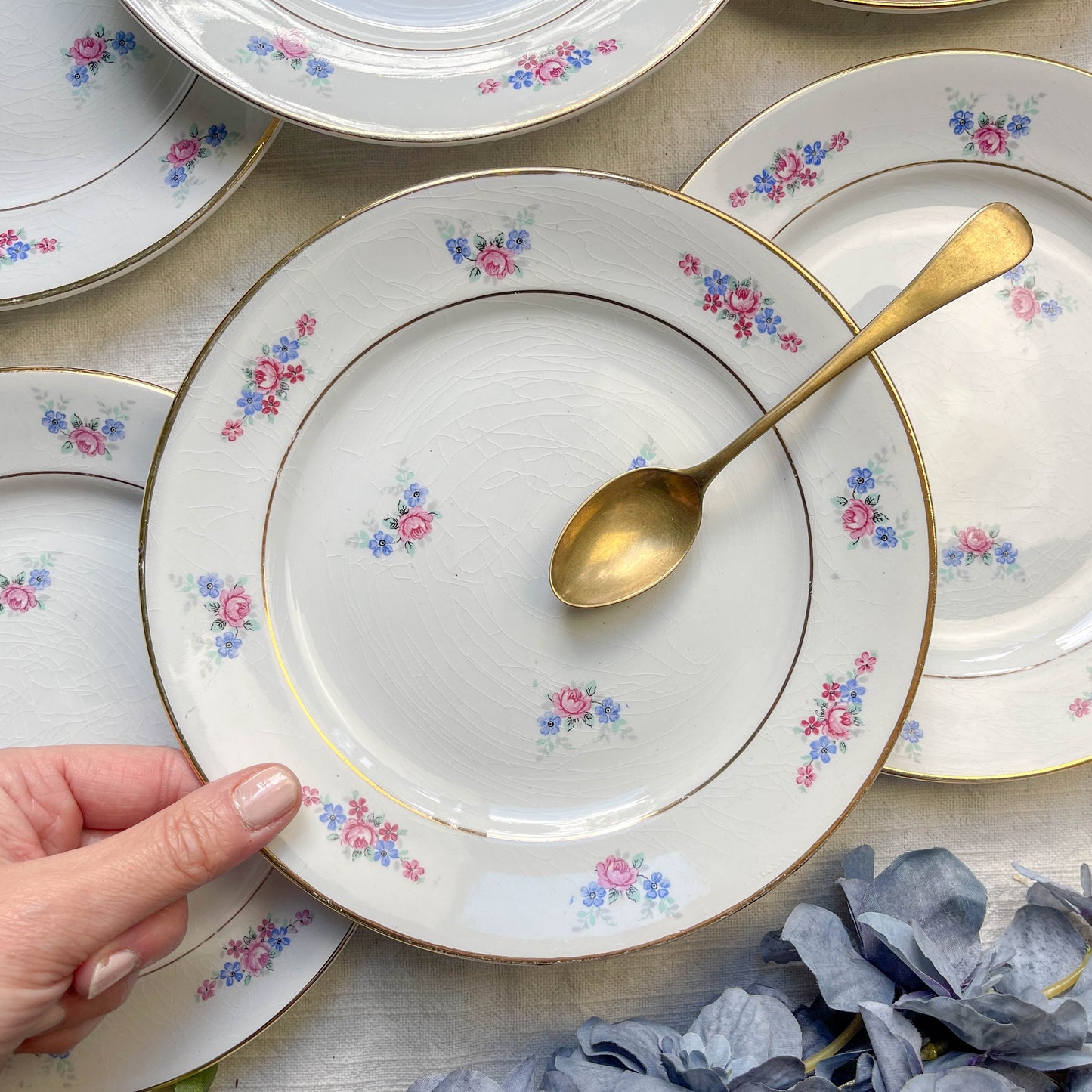 Lot de 6 petites assiettes en porcelaine vintage de Salins, décor floral bleu et rose, dorure.