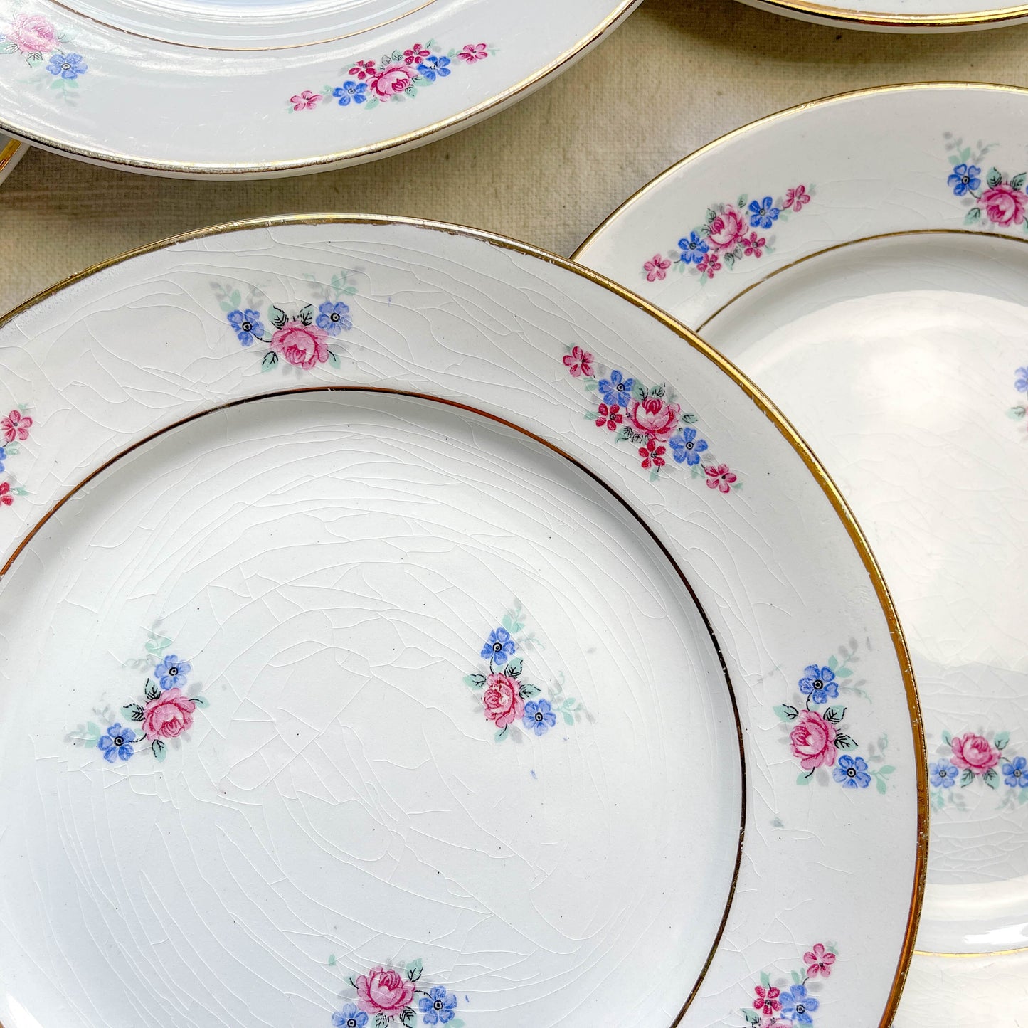 Lot de 6 petites assiettes en porcelaine vintage de Salins, décor floral bleu et rose, dorure.