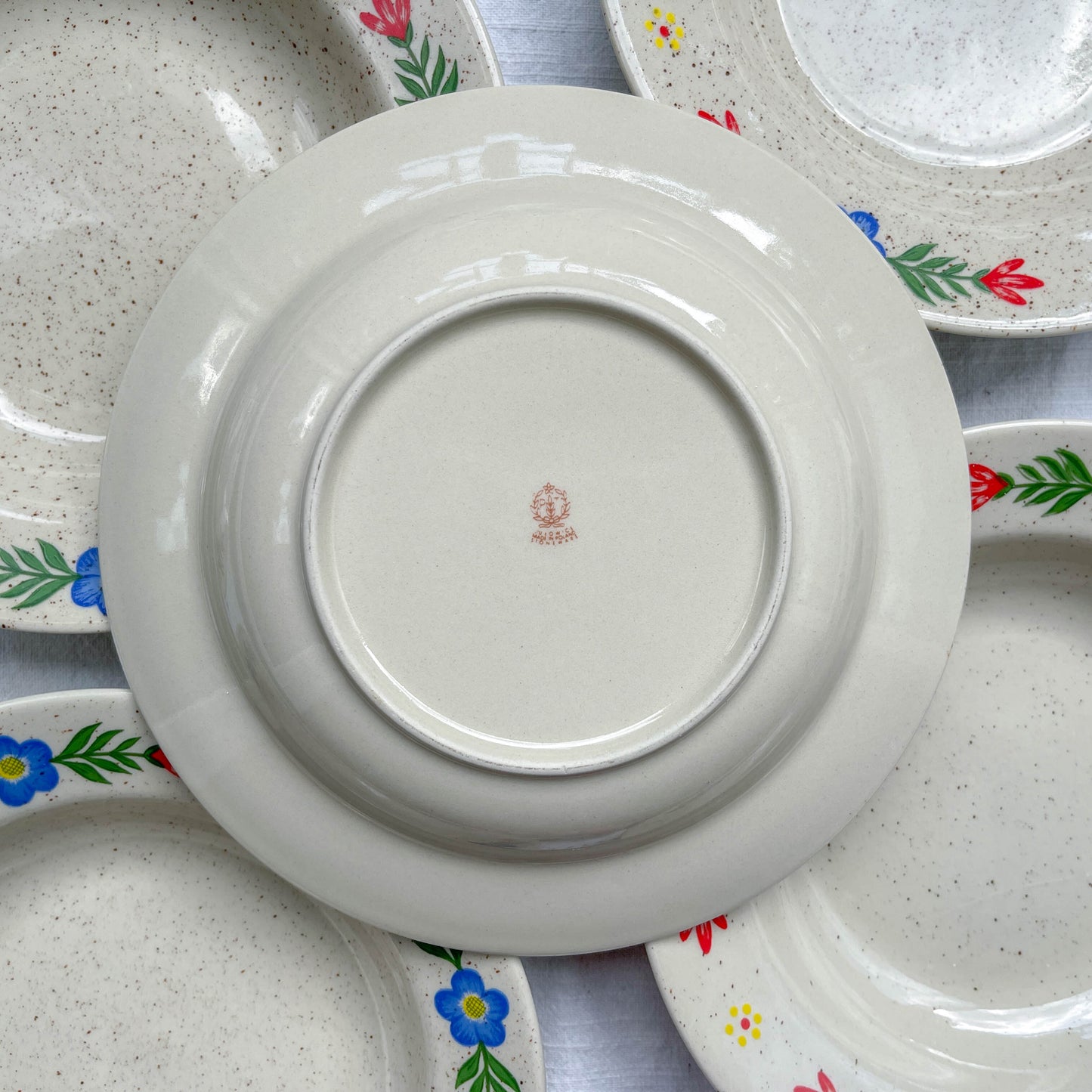 5 Assiettes creuses en grès beige moucheté motif fleuri Tulowice Poland 1970