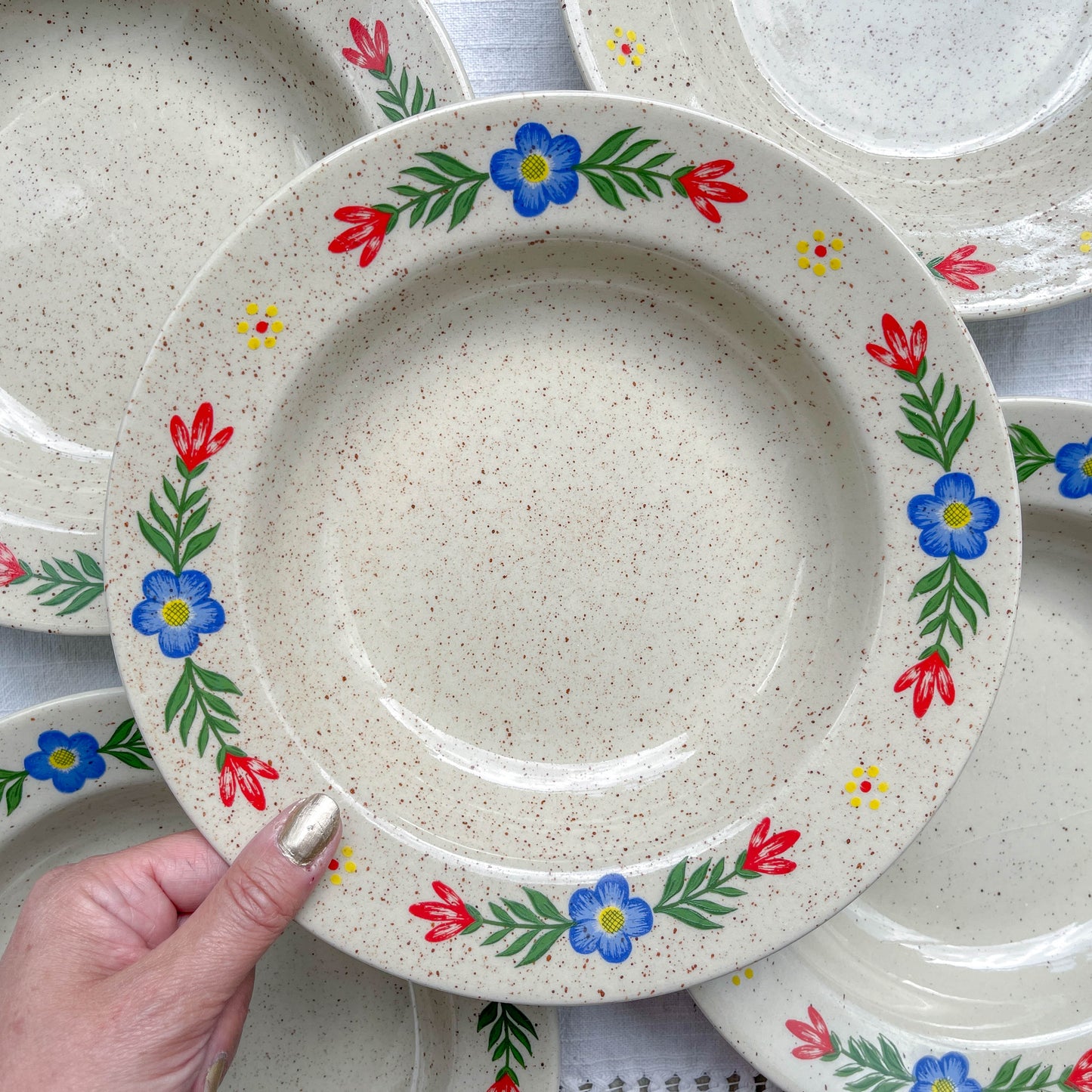 5 Assiettes creuses en grès beige moucheté motif fleuri Tulowice Poland 1970