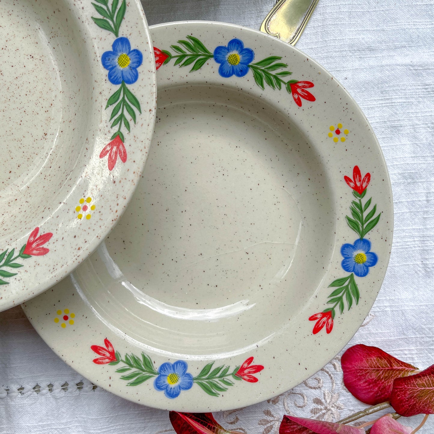 5 Assiettes creuses en grès beige moucheté motif fleuri Tulowice Poland 1970