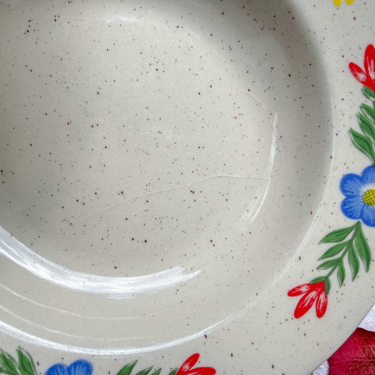 5 Assiettes creuses en grès beige moucheté motif fleuri Tulowice Poland 1970