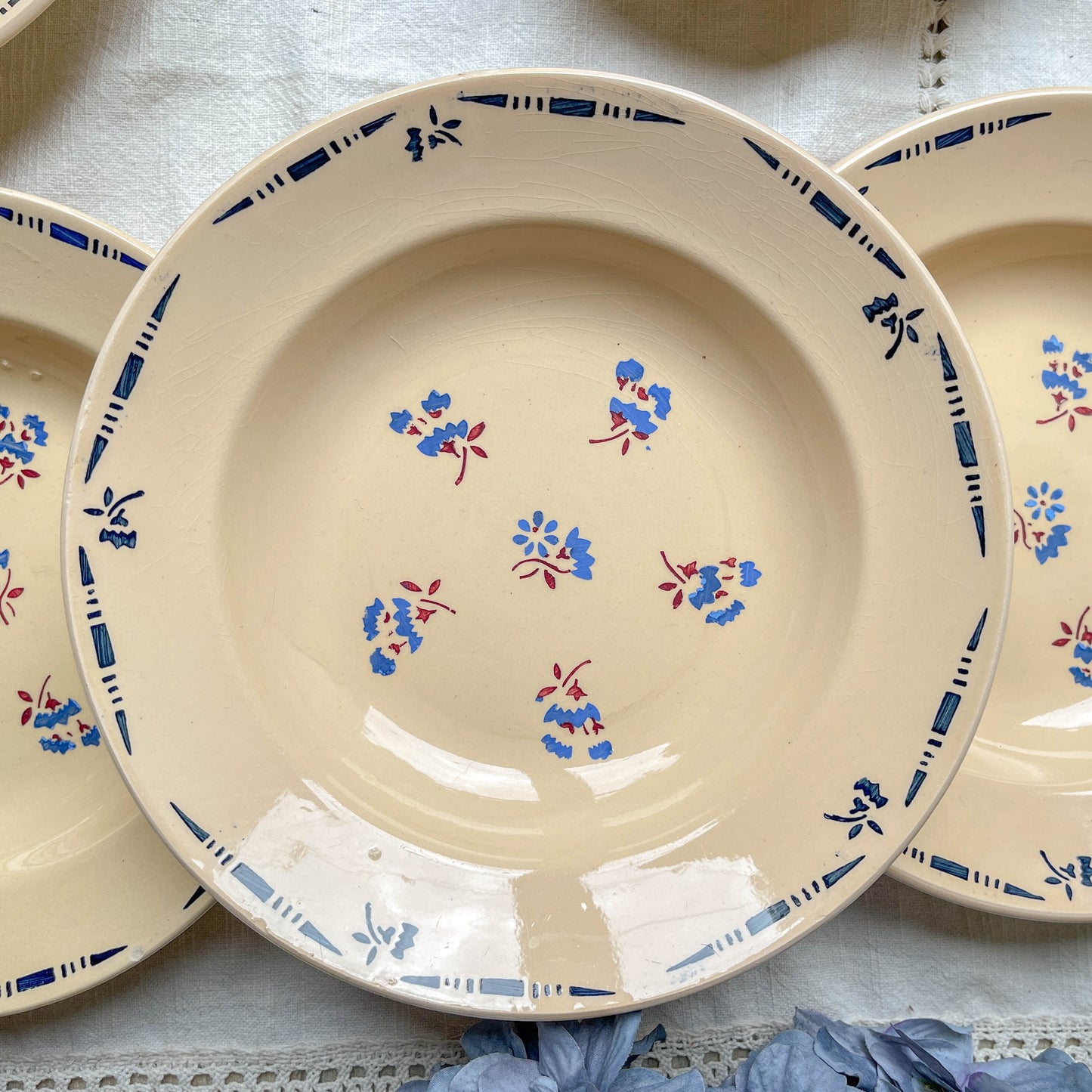 6 Assiettes creuses porcelaine vintage K&g Luneville "Flore" 1950s petites fleures bleues