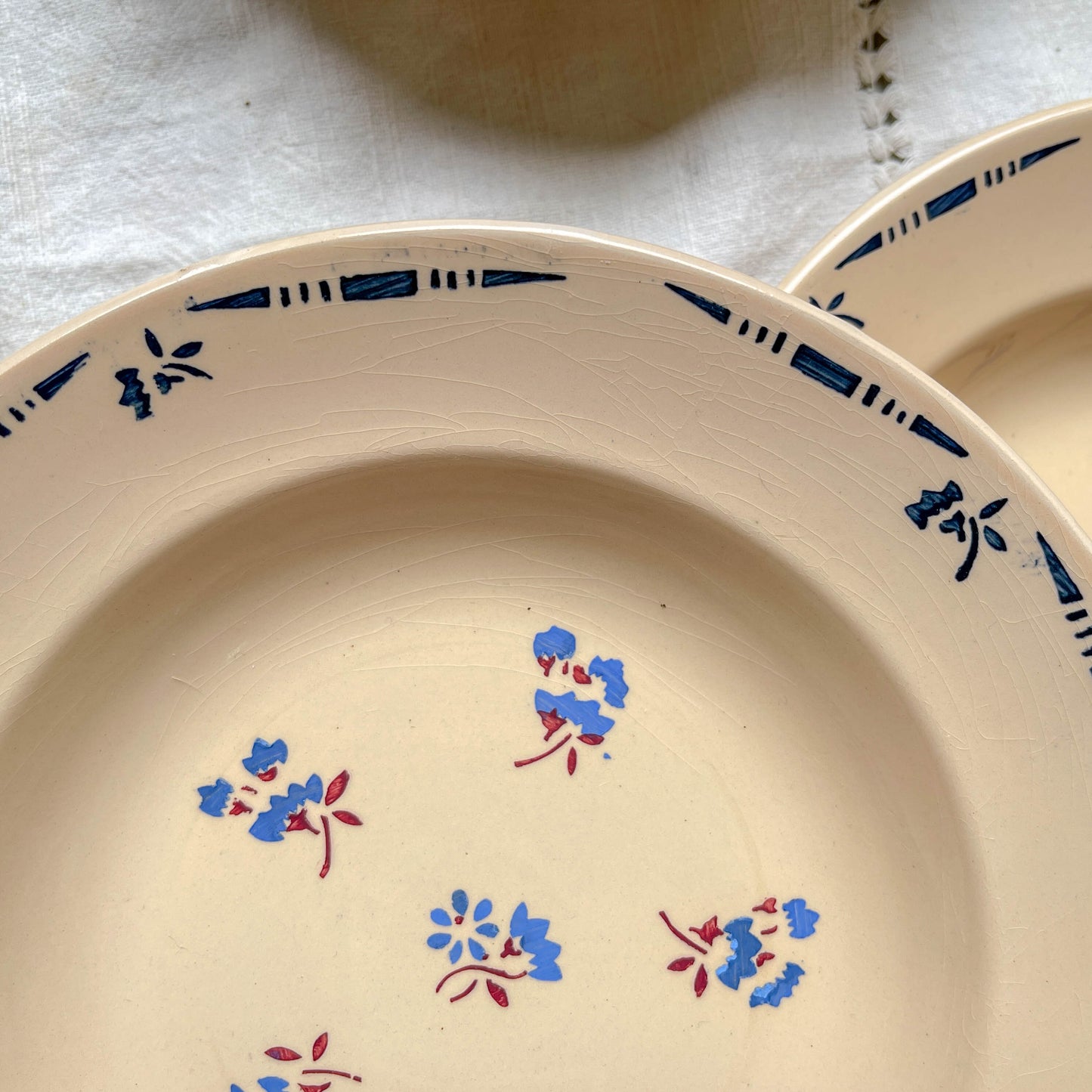 6 Assiettes creuses porcelaine vintage K&g Luneville "Flore" 1950s petites fleures bleues