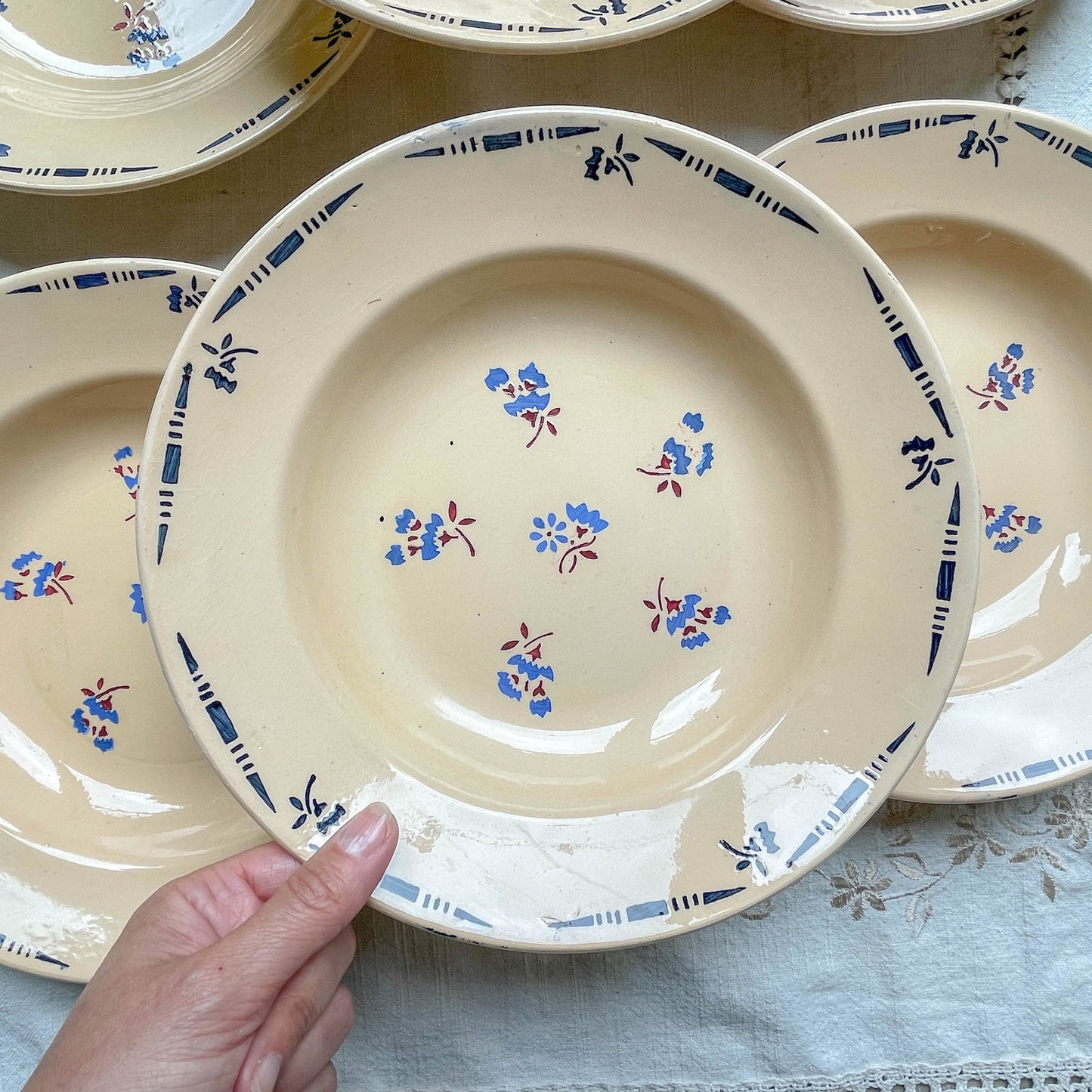 6 Assiettes creuses porcelaine vintage K&g Luneville "Flore" 1950s petites fleures bleues