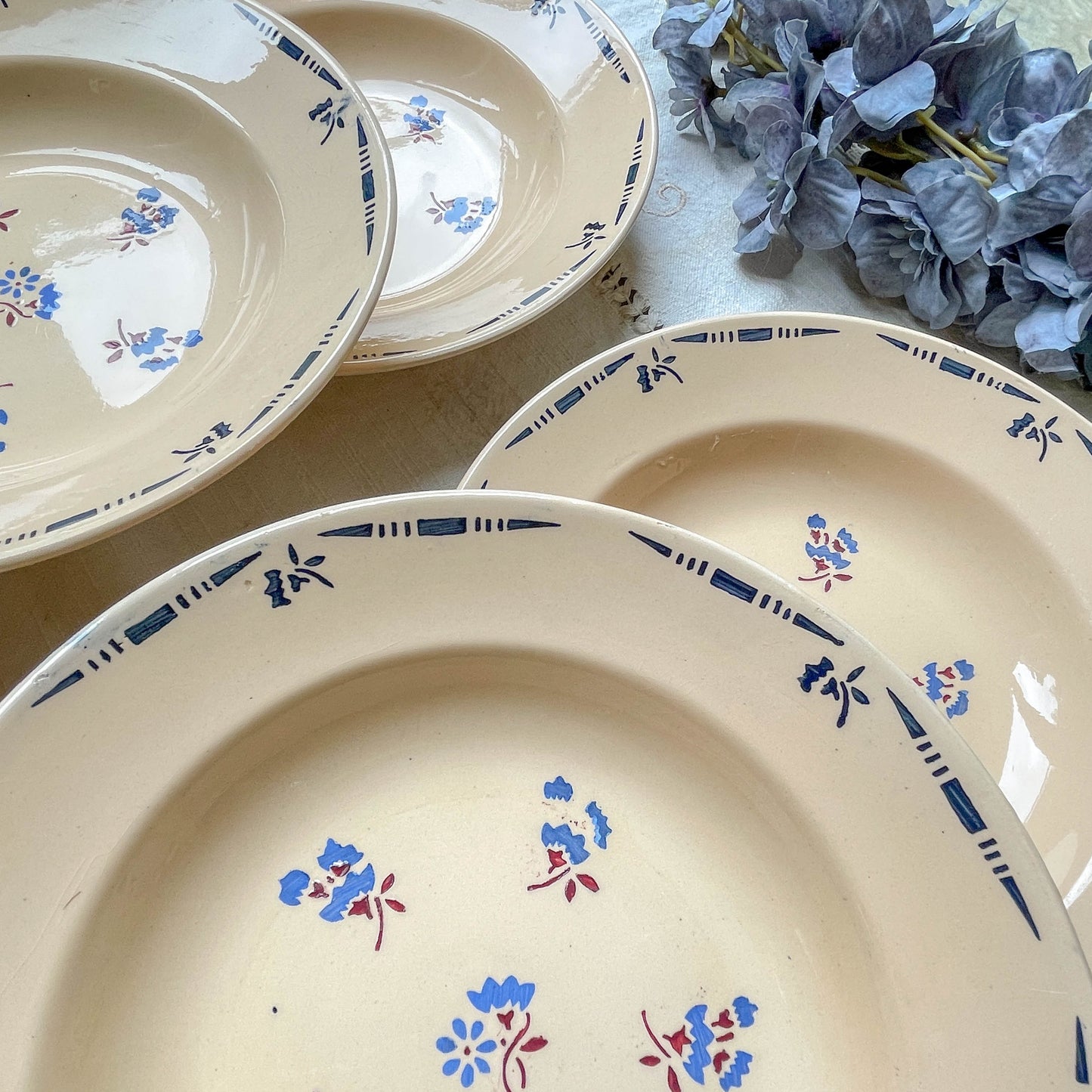 6 Assiettes creuses porcelaine vintage K&g Luneville "Flore" 1950s petites fleures bleues